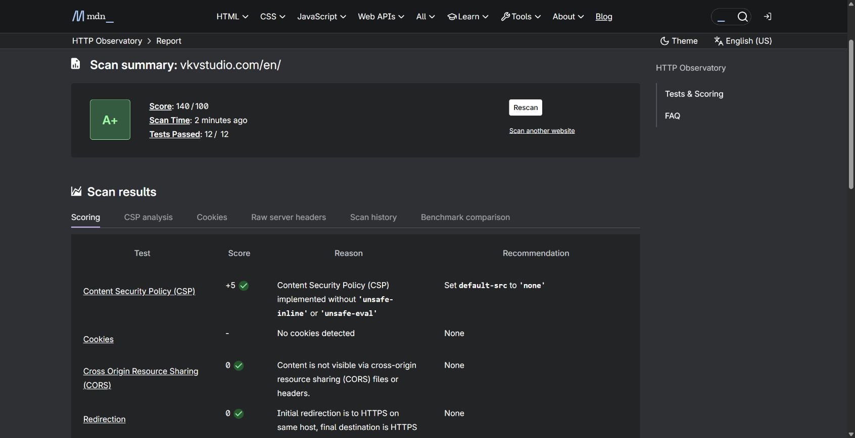 Report capture from Mozilla Observatory